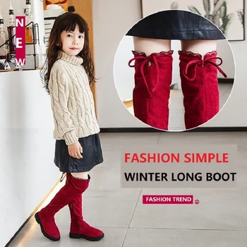 

Girls High Boots 2019 New Fashion Autumn Winter Kids Boots Children Warm Lace Plush Sweet Princess Boot Litter Big Child Shoes