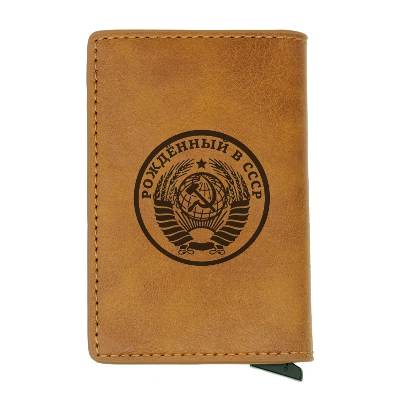 BC142-Brown Classic USSR Soviet Badges Sickle Hammer Rfid Card Holder Men Wallets CCCP Russia Emblem Communism Black Leather Short Purse - Цвет: BC142-Brown