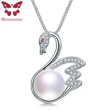 

HENGSHENG 925 Sterling Silver Zircon Gorgeous Swan Pendant Necklace Women Gift Genuine Natural Freshwater Pearl Pendant