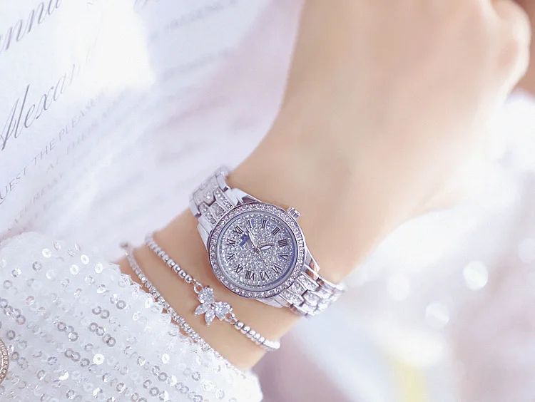 de prata de strass, relógio de pulso, aço inoxidável, joias de luxo