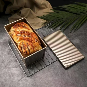 

Multi-functional Rectangular Toast Boxes Bread Mold Non-stick Gold 450g Corrugated With Lid Baking Tools Kitchen Accessories