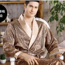 Mens Robe Long Sleeves Bathrobe Sleepwear Silk Kimono Print Pajamas V-neck Bathrobe Night Dressing Gown Hombre Ropa