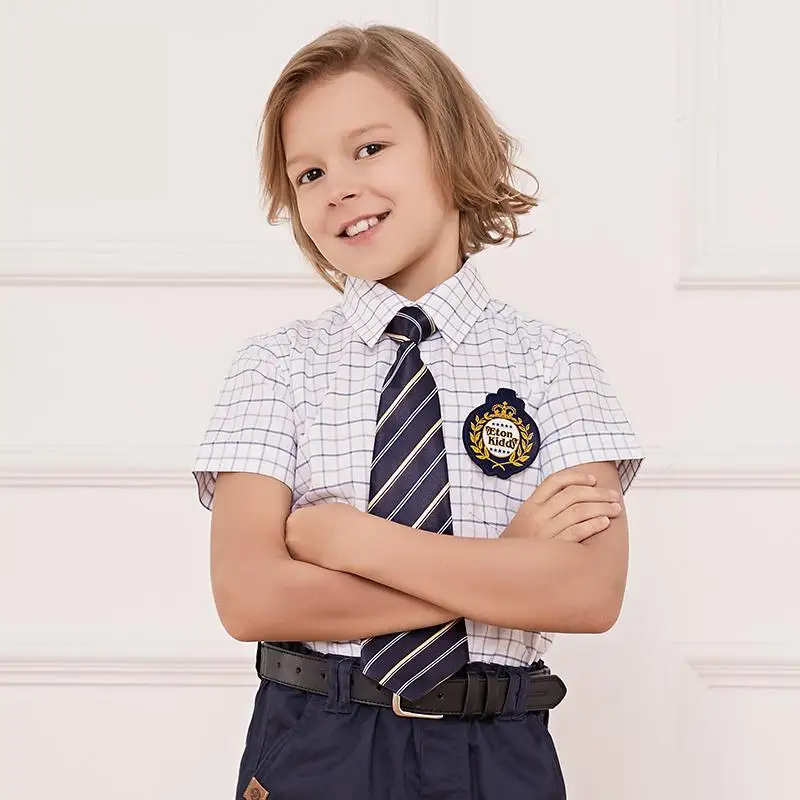 

School Formal Boys Short Sleeve Turnover Collar Student Solid British Children's Summer Cotton Plaid Refreshing Lapel Uniform