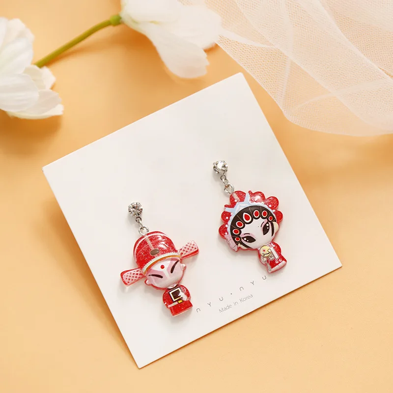 

Fashion Chinese Style Resin Earrings Cute Beijing Opera Asymmetric Dangle Drop Earrings for Women Girl Unique Jewelry Gift