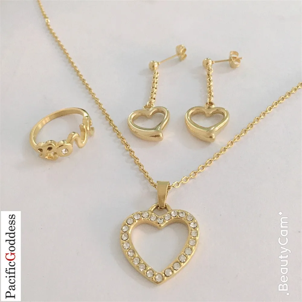 

hot sell stainless steel jewelry set gold color heart sharp
