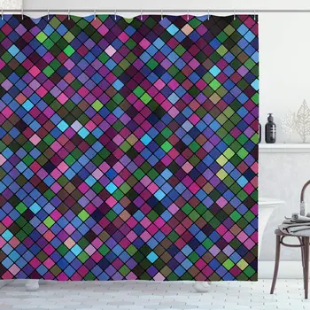 

Checkered Shower Curtain, Little Squares with Vibrant Colors in Diagonal Order Mosaic of Pixel Pattern, Cloth Fabric Bathroom