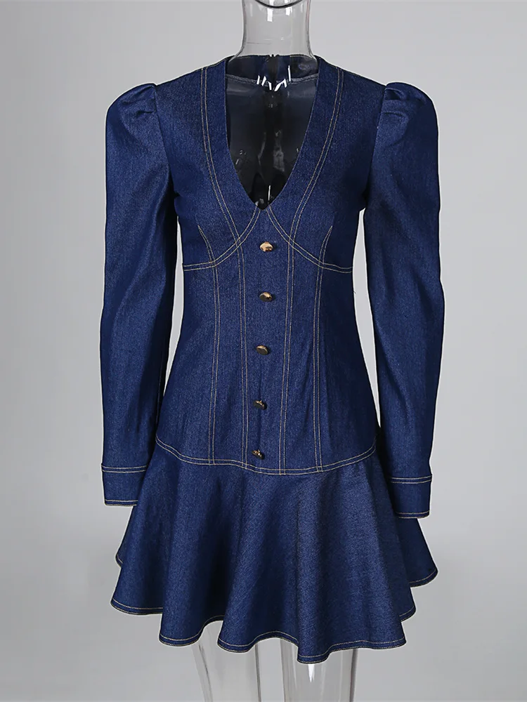 Осеннее женское элегантное мини Повседневное платье с v-образным вырезом женское плюс размер 2XL с глубоким вырезом и контрастной окантовкой с пышными рукавами джинсовое платье