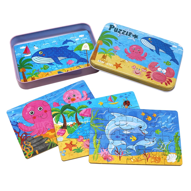 Wooden toy puzzle 4 in 1 cartoon animal 3D HD puzzle Montessori fun wooden toy early education cognitive education game