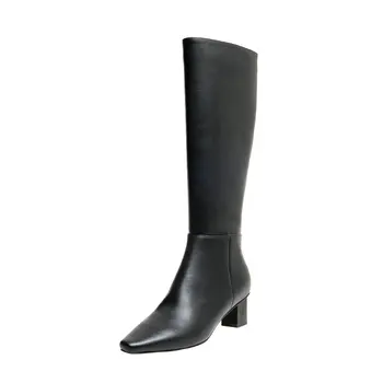 

Band Design Genuine Leather Women's knee high Boots Elegant Square Toe High Heels Shoes Women Party Working Shoes Woman