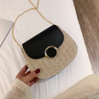 

Straw beach bag female 2019 new summer fashion chain saddle bag casual stitching shoulder Messenger bag