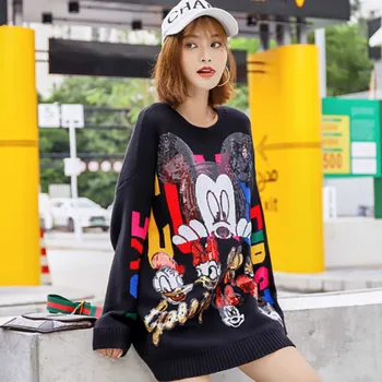 

Cute O-Neck Heavy Mickey Embroidery Sequins Sweater Thickened Cartoon Cat Beaded Pullovers Long Sleeved Crop Tops Sueter Mujer