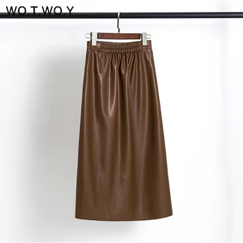 

WOTWOY 2020 Casual Faux Leather Skirts Women Summer PU High Waist A-Line Mid-Calf Skirt Women Solid Pleated Skirt Lady Harujuku