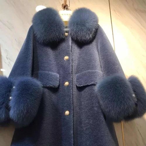 Dark Blue Шерстяная куртка с воротником из лисьего меха, пальто из натурального меха, осенне-зимнее пальто, женская одежда, корейская овечья шерсть, замшевая подкладка, ZT3481 - Цвет: Dark Blue