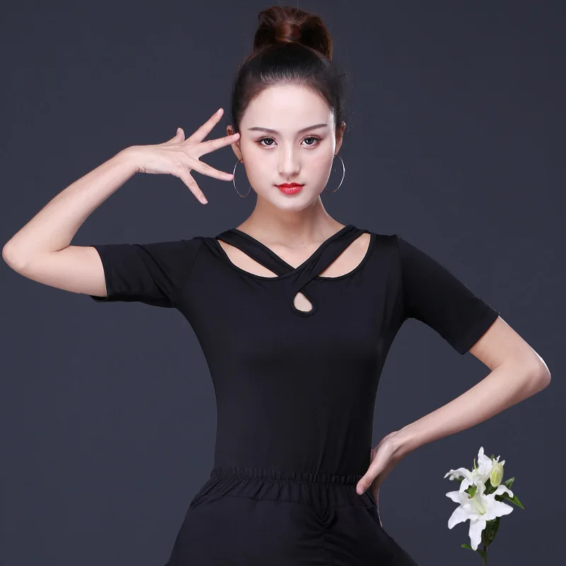 

Latin Dance Tops Women New Short Sleeve Cross Slim Fit Ballroom Chacha Samba Tango Dance T-shirt Practice Wear