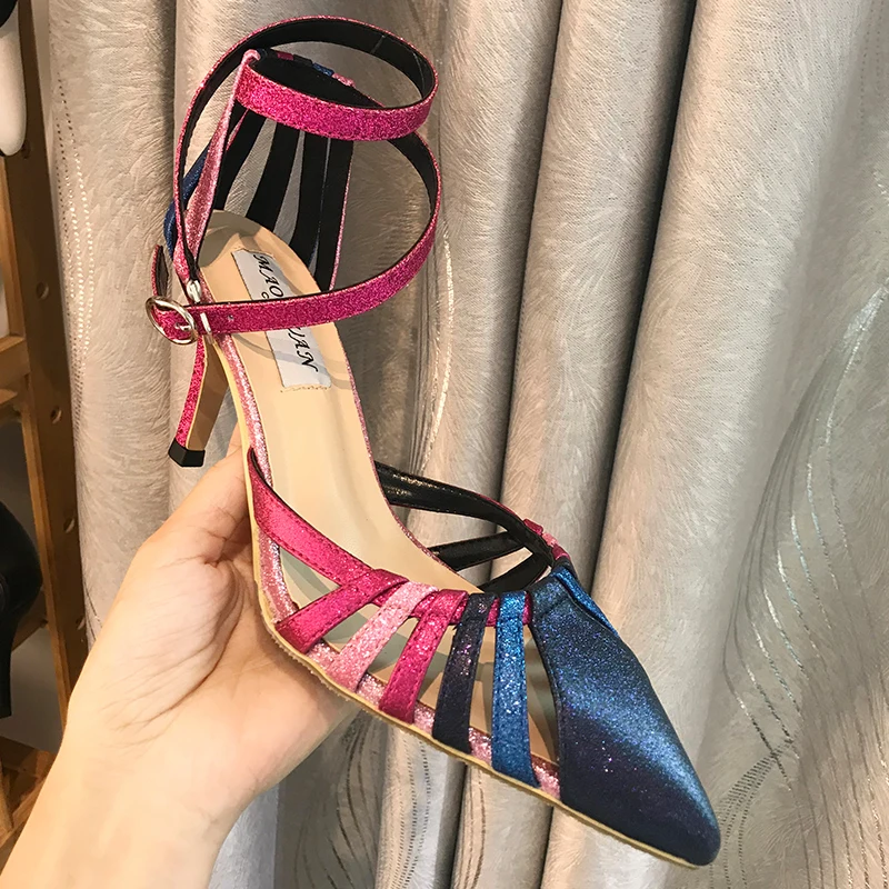 

New Mixed-Colors Buckle Strap Sandals Women Pointed Toe High Heels Party Wedding Shoes Women Fashion Heels Sapatos Femininos