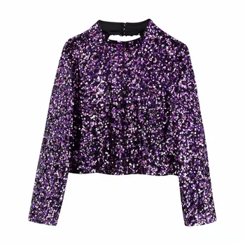 

Za women's new fall 2019 long sleeve Mock Neck Back split design open back sexy top Sequin short shirt top 02157268611