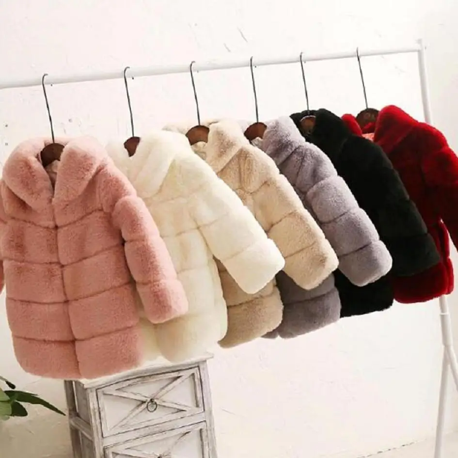 2-8 year Children's Faux Fur Coat Imitation Rex Rabbit Fur Girls Thicker kids Clothing Baby Winter warm Hooded Overcoat Y13