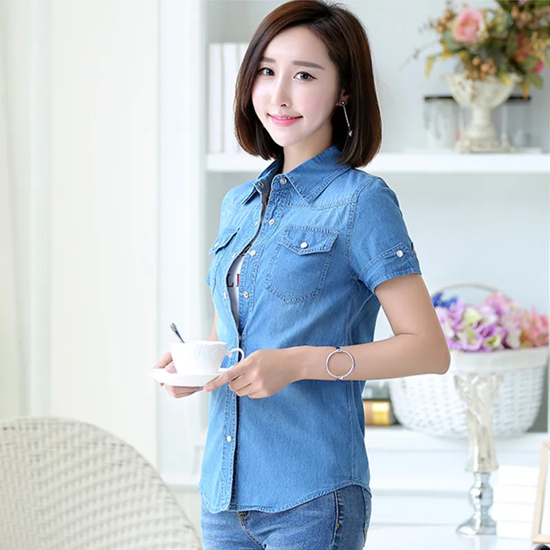 S-3XL Women Denim Shirt Summer New Fashion Casual Short-sleeve Buttons Slim Thin Tops Blouse Girl Student Cotton Shirts Female low waist skinny short jeans women super sexy denim shorts buttons ripped booty hot shorts mini summer bottom nightclub clothing