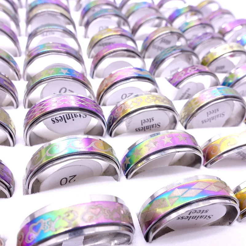 Wholesale 50pcs/Lot Mens Womens Multicolor Stainless Steel Spinner Rings Fashion Jewelry Variety of Patterns Size 17-21mm 3