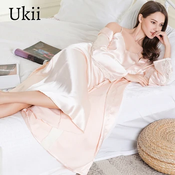 

Ukii Women Sexy Satin Midi Sleepdress Slik Robes Sets Two Piece Set Lace Long Sleeve Night Gown Solid Color Lounge Wear Dropship
