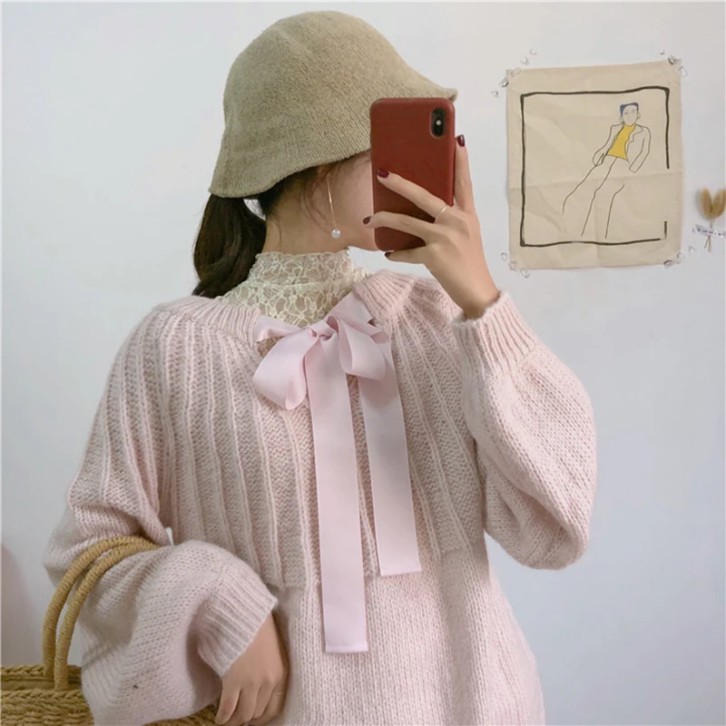 Женский милый зимний свитер Kawaii, пуловеры с воротником-бабочкой, Sueter Mujer, женские топы с длинным рукавом, повседневный вязаный свитер с бантом