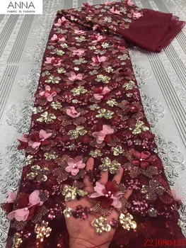 

Anna red embroidered african 3d flower lace fabric applique with beads high quality french net laces sequins fabrics 5 yards/pcs
