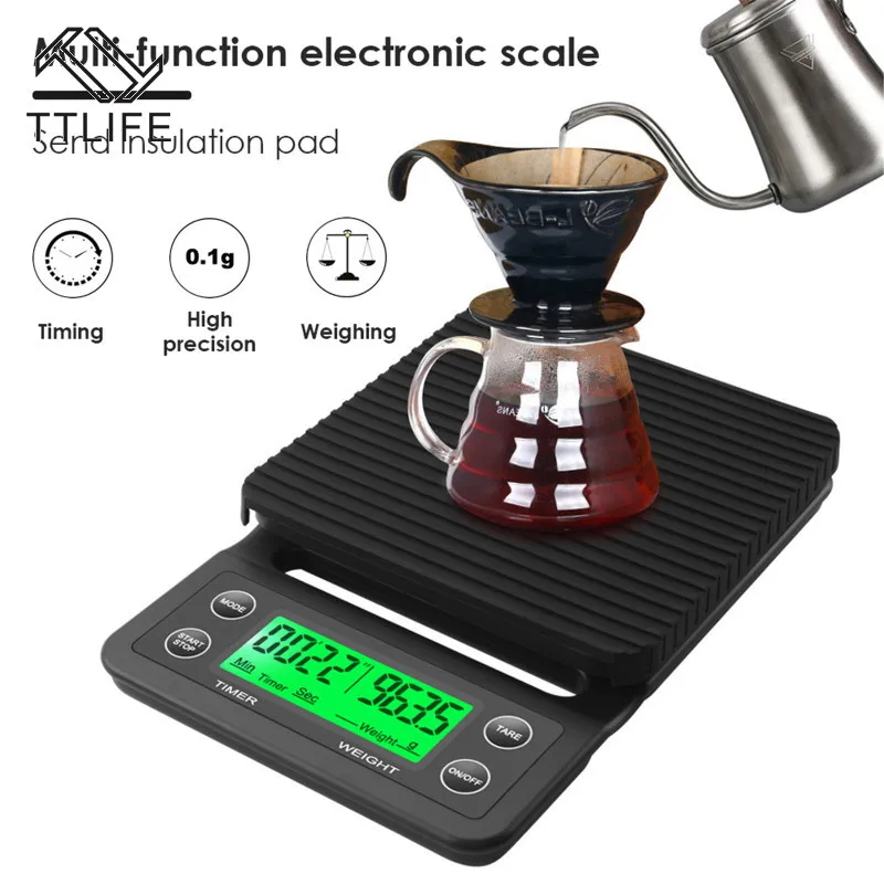 

5KG/3KG 0.1G LCD Digital Electronic Drip Coffee Scale Timer Cup Mat Black High Precision Kitchen Food Scales Baking Home Tools