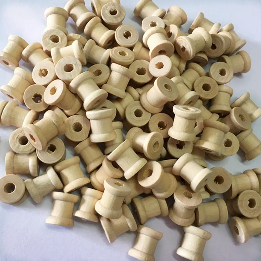 100pcs Natural Wooden Empty Spools for Thread Ribbons Wires Trims 14mmx12mm 