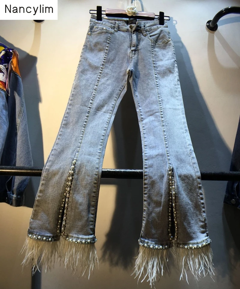 vaqueros de plumas mujer 2019 otoño nuevo diamante pesado tachonado cuenta alta cintura Slim Micro Flare pantalones vaqueros Mujer vaqueros| - AliExpress