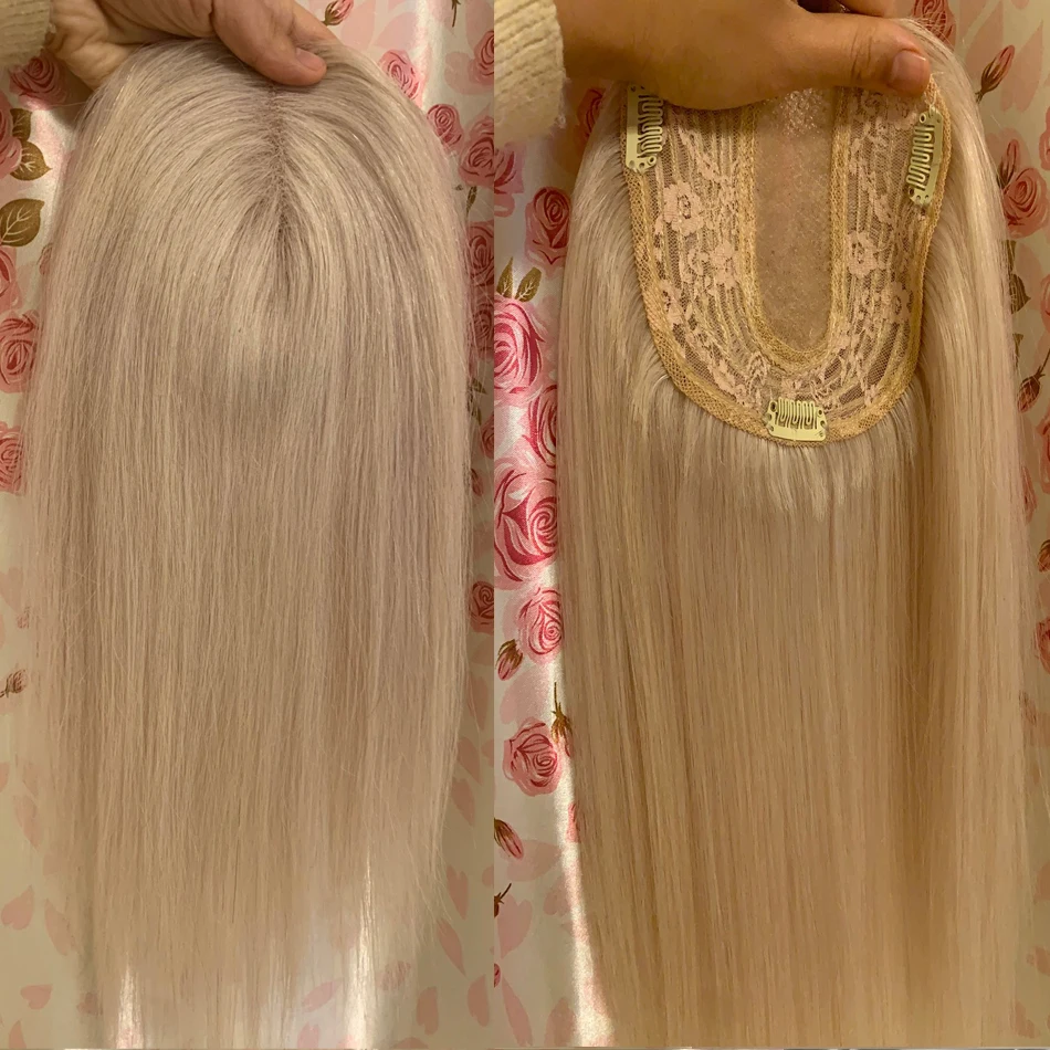 Peluca de color rubio ceniza de 20 pulgadas para mujer, pelo humano liso con cutícula virgen de 130-150% de densidad, mitad de encaje + tupé de Base de trama