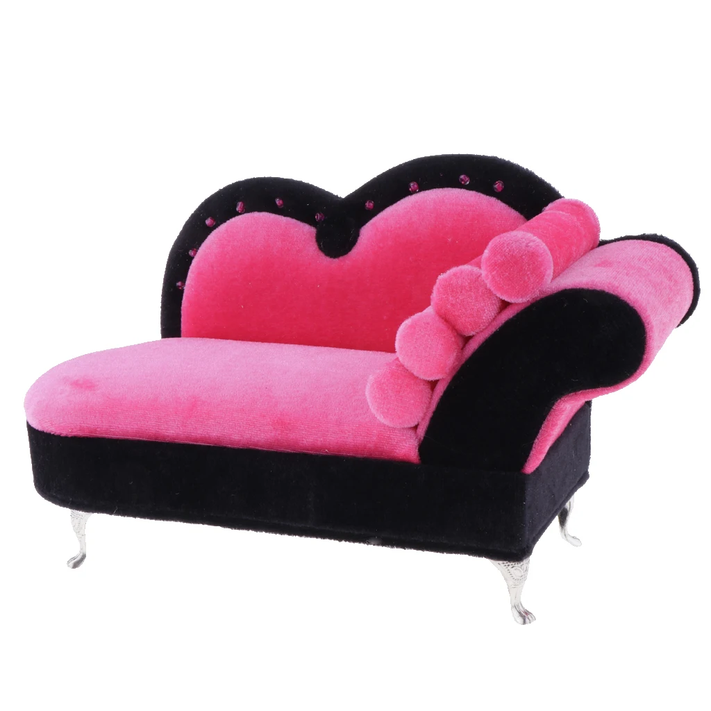 1/6 Scale Fashion Dolls House Miniature Chaise Lounge Recliner Long Sofa Furniture Model Decor Pink+Black