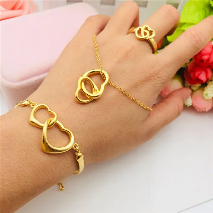 

Viet Nam Alluvial Gold Jewelry Brass Gold Plated Accessories Soulmate Three-piece Set Heart Bracelets Ring Pendant