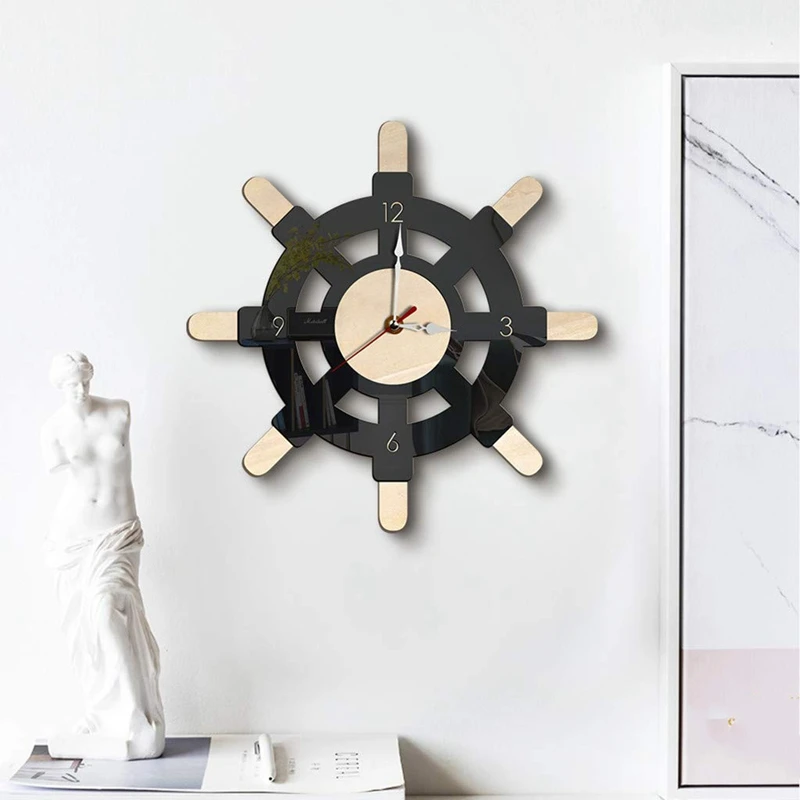 Nautical Wood Wall Clock Creative Rudder Nordic Style Silent Transparent Acrylic Clock Sailboat Steering Wheel Helm Decoration f