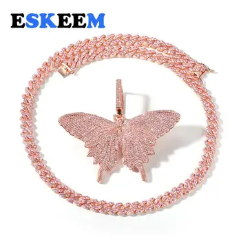 

Hiphop Jewelry Iced Out Rose Gold Choker Pink CZ Butterfly Pendant 8MM Cuban Link Necklace for Women