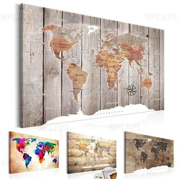 Arte antiguo de pared con mapa del mundo de madera, pósteres de pintura en lienzo e impresiones de Cuadros antiguos para sala de estar, dormitorio, decoración de salón