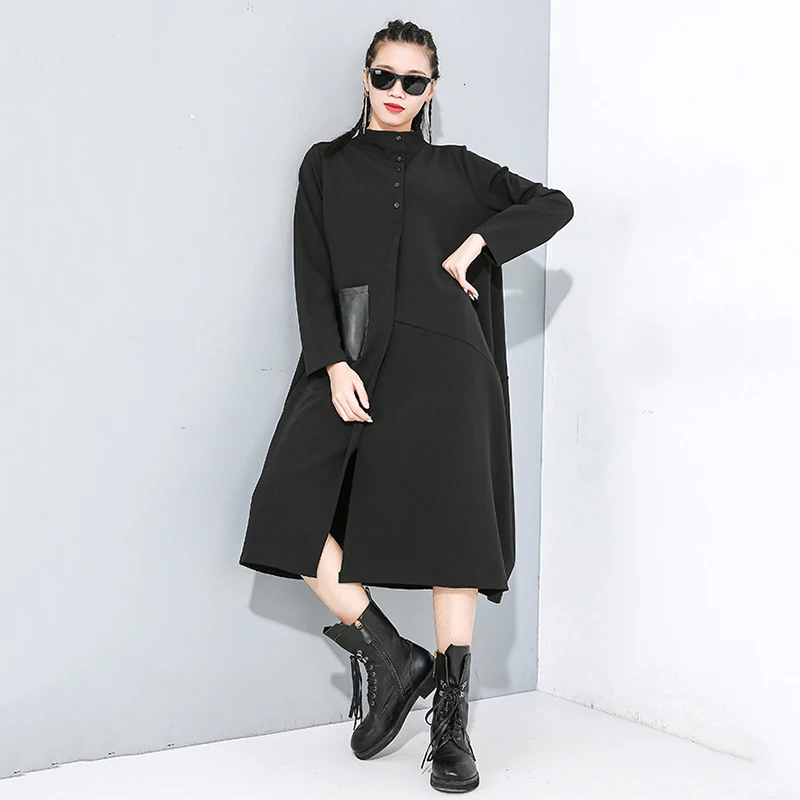 [EAM] женское черное платье с разрезом, темперамент, новинка, воротник-стойка, длинный рукав, свободный крой, мода, весна-осень 1N186