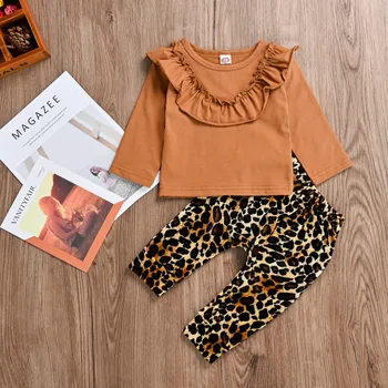 

Autumn Baby Girl Sets Frill Solid Baby Girl Outfits Tops Leopard Pants Casual Cute Baby Girl Fall Clothes Clothing For Babies