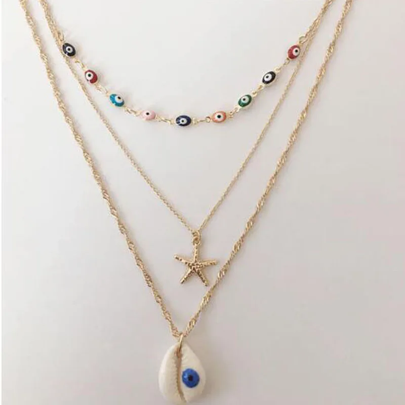 

Bohemian Style Multi Layered Evil Ey Beads Choker Chain Shell Necklace Women Vacation Jewelry