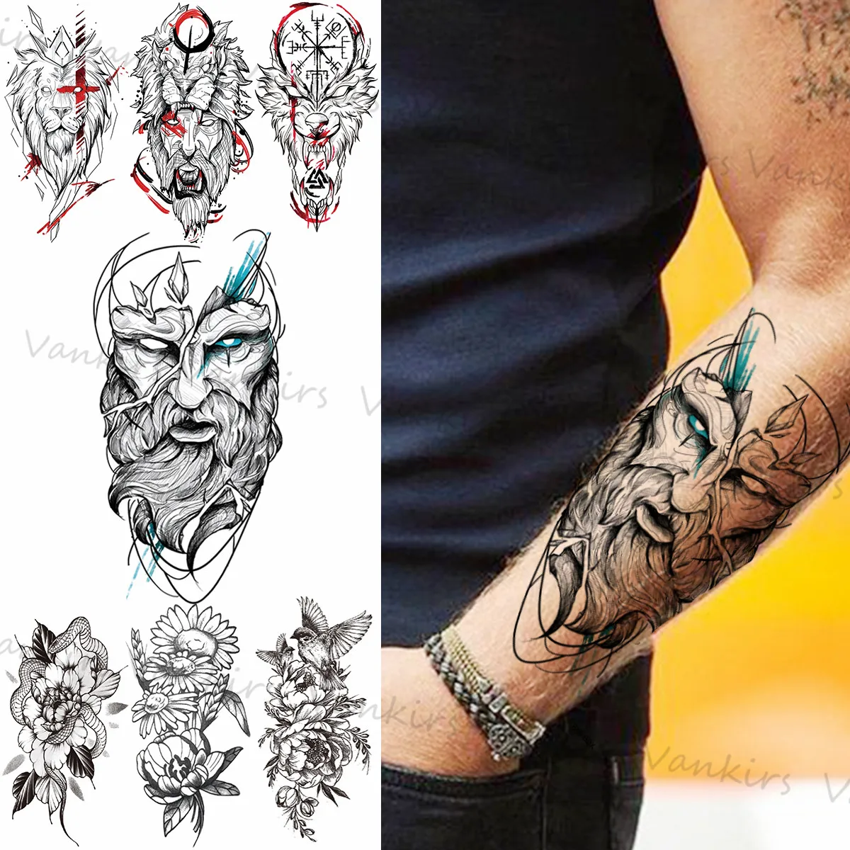 

Abstract Warrior Geometric Temporary Tattoos For Women Men Realistic Lion Snake Bird Fake Tattoo Sticker Arm Body Tatoos 3D