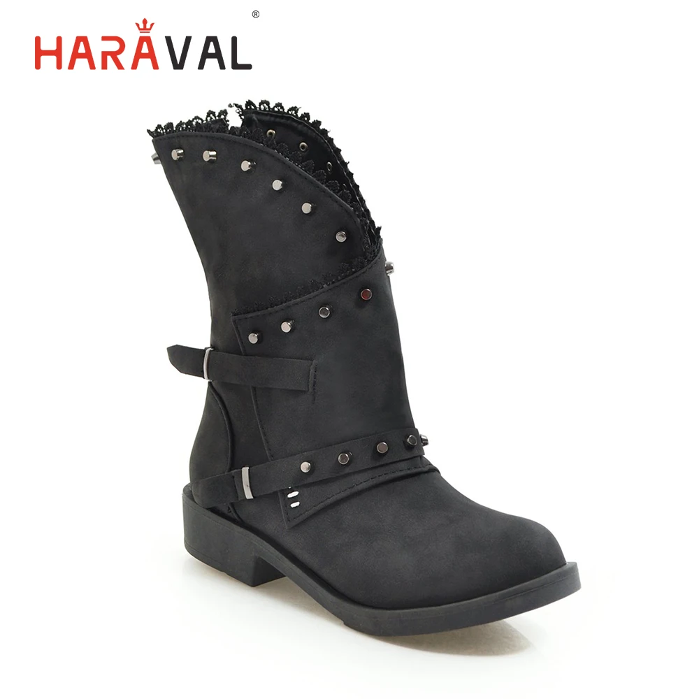 

HARAVAL Fashion Woman Ankle Boots Handmade Round Toe Low Heels Casual Shoes Quality Buckle Classic Solid Rivet Retro Boots B253