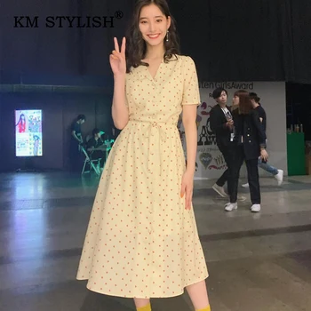 

Summer Women Yellow Slim Waist Turn-down Collar Casual Dresses Heart Print Sashes Elegant Short-sleeve Female Dress