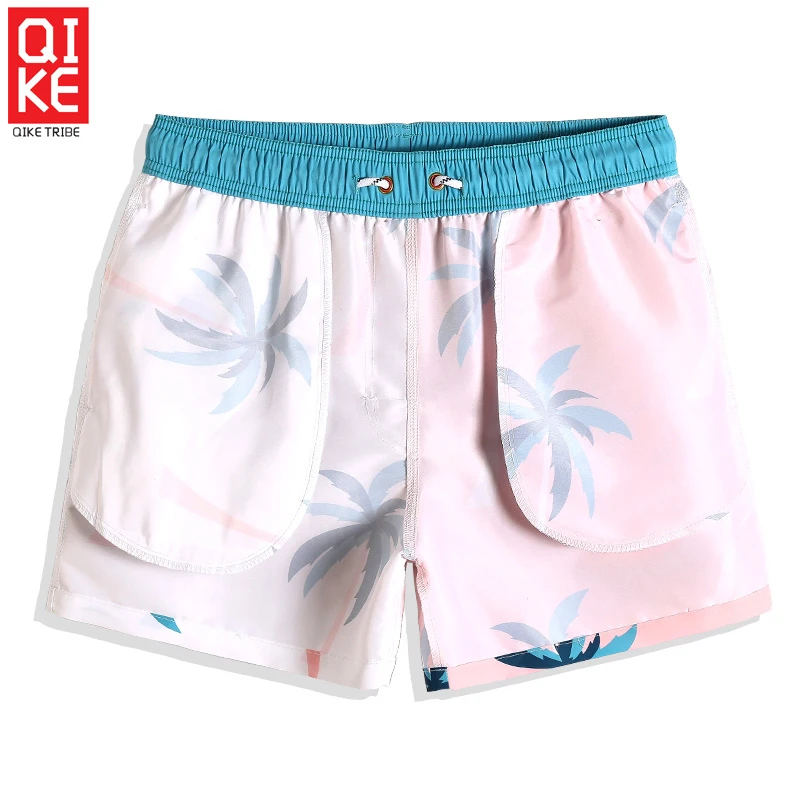 QIKE Men's Swimming trunks Summer Coconut Printed swimsuit Quick fry surfing joggers swimwear Solid Board shorts mesh