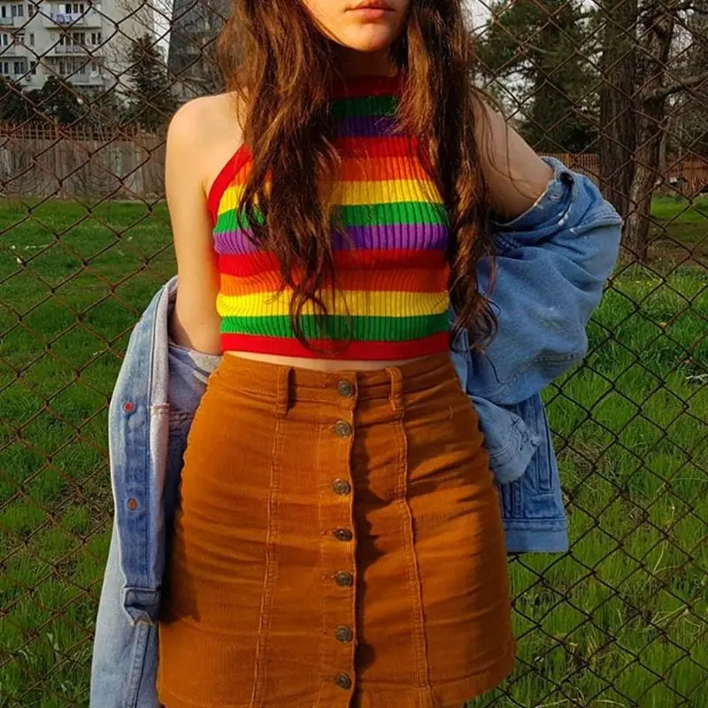 

Women Summer Sexy Sleeveless Mini Crop Top Halter Thread Ribbed Knit Bodycon Camisole Rainbow Stripes Racerback Beach Party Vest