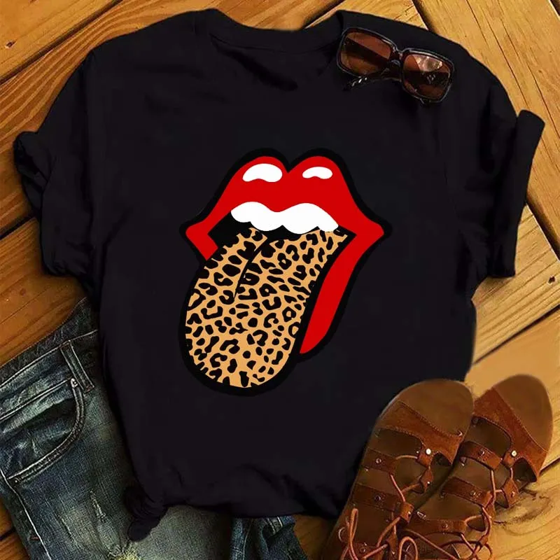 New Fashion Women's Casual Lip Printed T-Shirt Summer Short Sleeve T-Shirts Vintage Funny Leopard Lips T-Shirt Femme Black Tops t shirt Tees