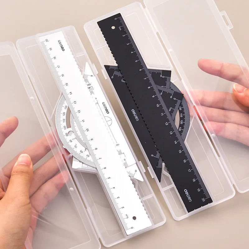 DELI Metal Ruler 20cm Set Stationery for Students Straightedge Triangle Ruler with Wave Line Protractor Compass Triangle Plate