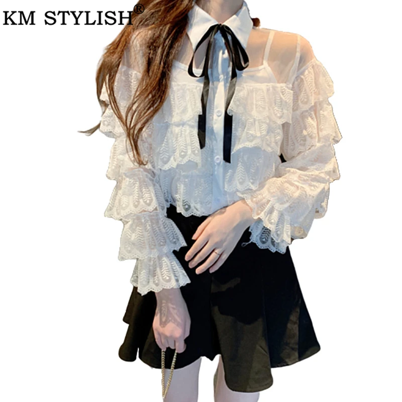 KM STYLISH Women Shirts Lapel Bow Blouses Tops Transparent Black &amp White Ruffles Layers Sleeve Lace Tees With lined | Женская одежда