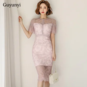 

Sexy Perspective Lace Dress 2020 Summer High Waist Tight O-Neck Flare Sleeve Simple Temperament Elegant Party Dress Women