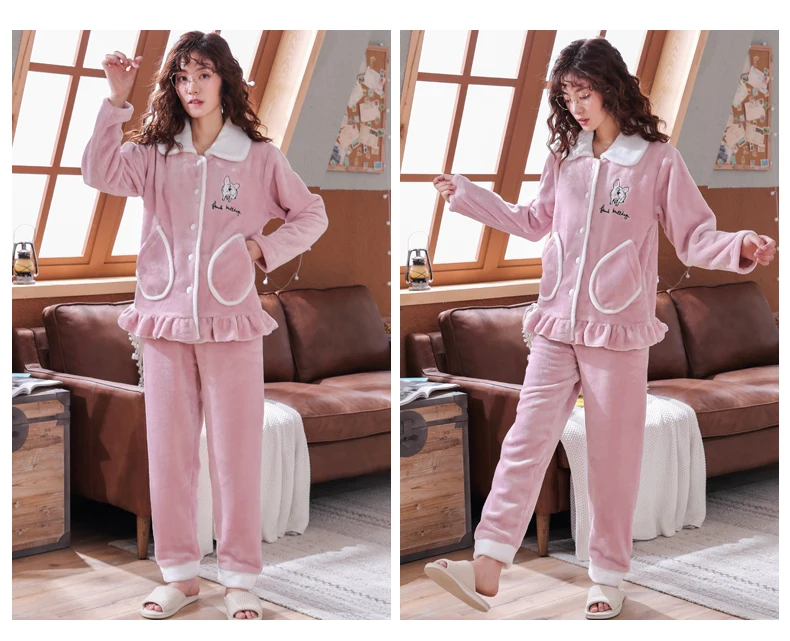Пижамы размера плюс 3XL 4XL 5XL Женские зимние новые корейские kawaii розовые коралловые флисовые теплые пижамные комплекты Толстая Фланелевая Пижама для дома