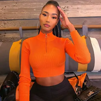 

2019 New Female Autumn Long Sleeve Zipper Monochrome Cropped Navel Short Sexy Top Women Fashion Tops High Colla T-Shirts