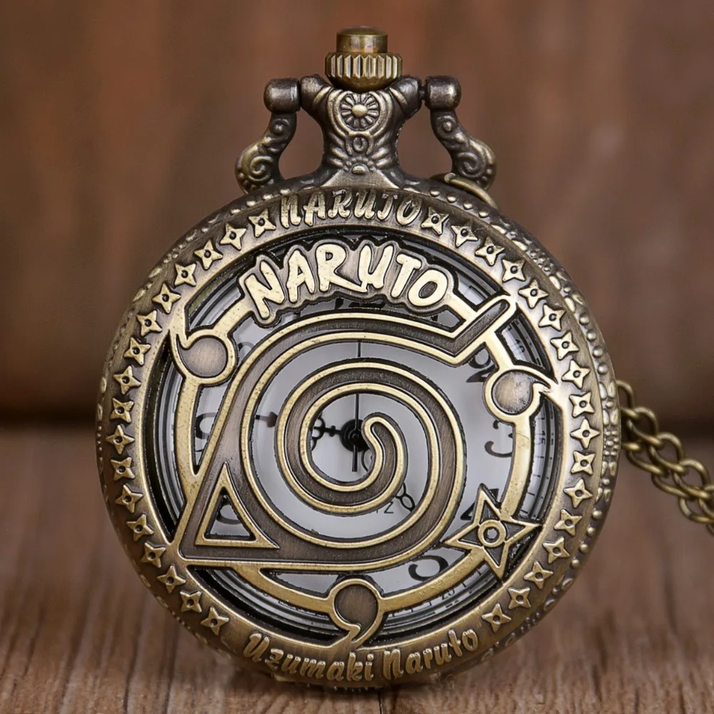 Классический японский аниме Наруто тема Бронзовый Кварц кулон карманные часы с цепочкой ожерелье лучший подарок для мужчин и женщин